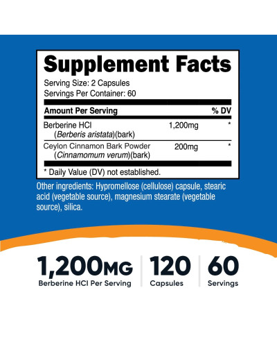 Берберин гідрохлорид із цейлонською корицею, 1200 мг, Berberine HCl With Ceylon Cinnamon, Nutricost, 120 капсул