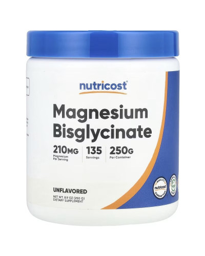 Магній бісгліцинат, без смаку, Magnesium Bisglycinate, Nutricost, 250 гр