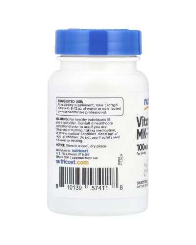Вітамін К2 у формі МК-7, 100 мкг, Vitamin K2 MK-7, Nutricost, 30 гелевих капсул