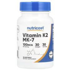 Витамин К2 в форме МК-7, 100 мкг, Vitamin K2 MK-7, Nutricost, 30 гелевых капсул