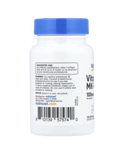 Вітамін К2 у формі МК-7, 100 мкг, Vitamin K2 MK-7, Nutricost, 120 гелевих капсул