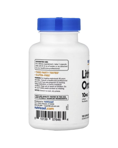 Літій оротат, 10 мг, Lithium Orotate, Nutricost, 120 капсул