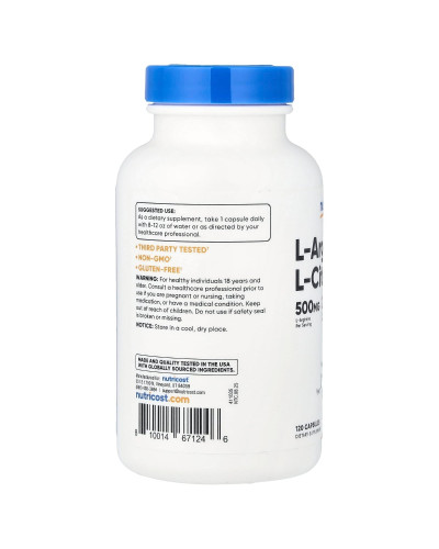 L-аргінін та L-цитрулін, L-Arginine & L-Citrulline, Nutricost, 120 капсул