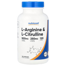 L-аргинин и L-цитруллин, L-Arginine & L-Citrulline, Nutricost, 120 капсул