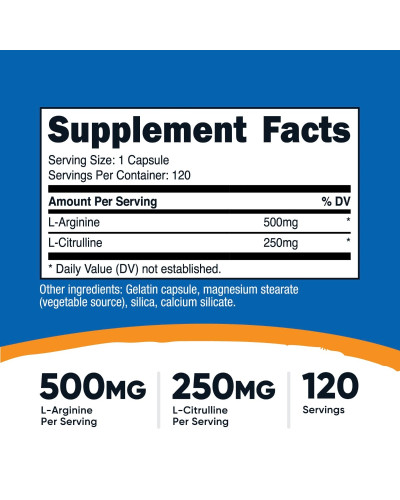 L-аргінін та L-цитрулін, L-Arginine & L-Citrulline, Nutricost, 120 капсул