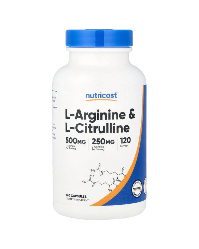 L-аргінін та L-цитрулін, L-Arginine & L-Citrulline, Nutricost, 120 капсул