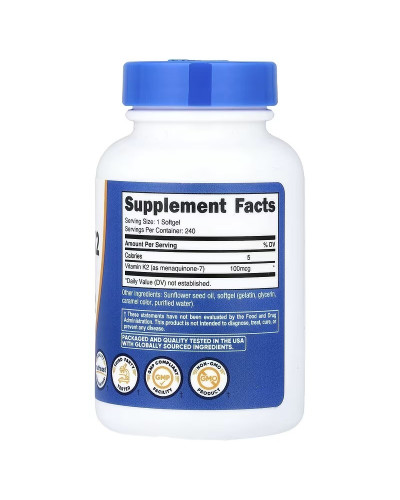Вітамін К2 у формі МК-7, 100 мкг, Vitamin K2 MK-7, Nutricost, 240 гелевих капсул