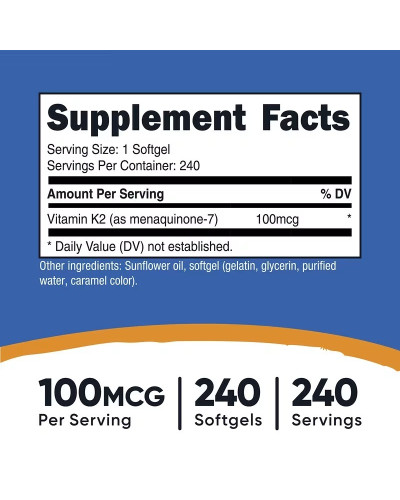 Вітамін К2 у формі МК-7, 100 мкг, Vitamin K2 MK-7, Nutricost, 240 гелевих капсул