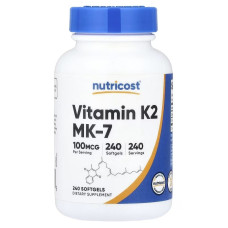 Витамин К2 в форме МК-7, 100 мкг, Vitamin K2 MK-7, Nutricost, 240 гелевых капсул