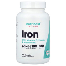 Железо для женщин, Women, Iron With Vitamin C, Folate & Vitamin B12, Nutricost, 180 капсул