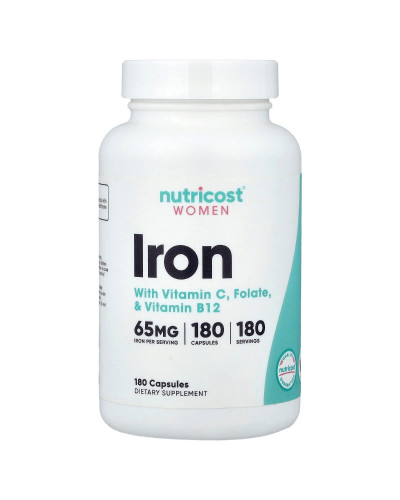 Железо для женщин, Women, Iron With Vitamin C, Folate & Vitamin B12, Nutricost, 180 капсул