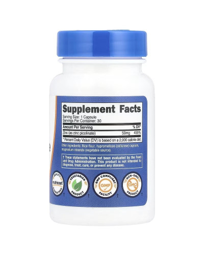 Цинк піколінат, 50 мг, Zinc Picolinate, Nutricost, 30 капсул