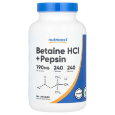 Бетаин HCl и пепсин, Betaine HCl + Pepsin, Nutricost, 240 капсул