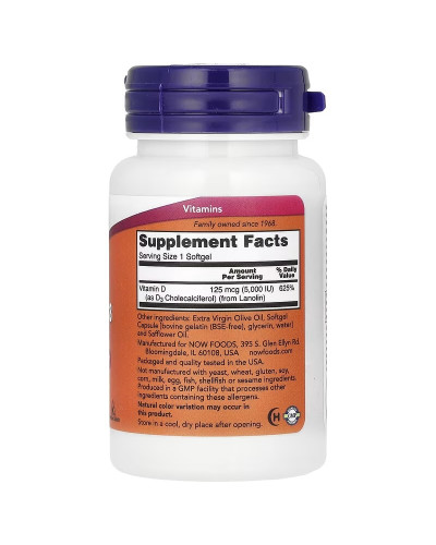 Вітамін D3, 5000 МО, високої ефективності, Vitamin D-3, High Potency, Now Foods, 30 гелевих капсул