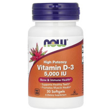 Витамин D3, 5000 МЕ, высокой эффективности, Vitamin D-3, High Potency, Now Foods, 30 гелевых капсул