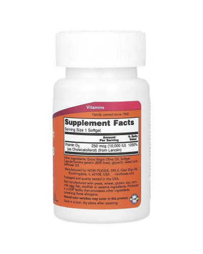 Вітамін D3, 10000 МО, високої ефективності, Vitamin D-3, High Potency, Now Foods, 240 гелевих капсул