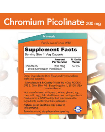 Пиколинат Хрома, 200 мкг, Chromium Picolinate, Now Foods, 100 вегетарианских капсул