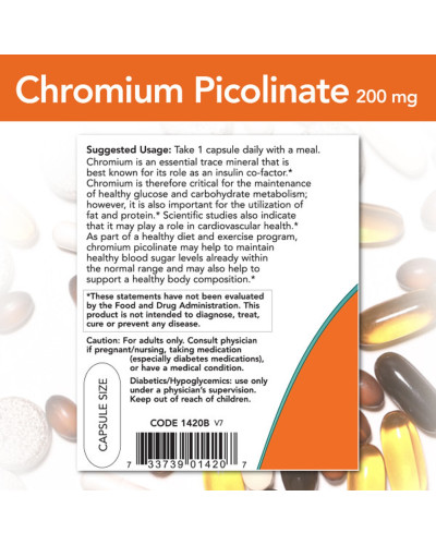 Пиколинат Хрома, 200 мкг, Chromium Picolinate, Now Foods, 100 вегетарианских капсул