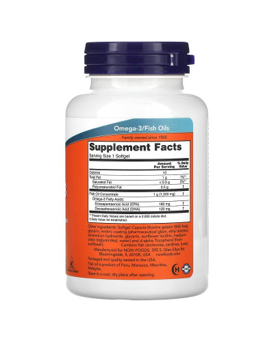 Омега-3, 1000 мг, 180 EPA - 120 DHA, Omega-3 Fish Oil, Now Foods, 90 гелевих капсул