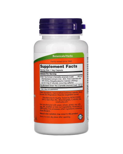 EGCG Экстаракт Листьев Зеленого Чая 400мг, Green Tea Extract, Now Foods, 90 вегетарианских капсул