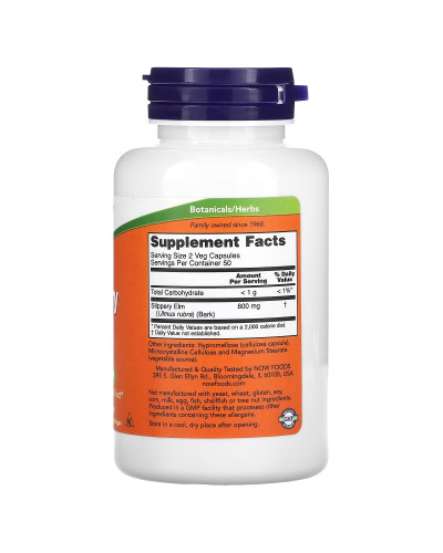 Скользкий вяз, 400 мг, Slippery Elm, Now Foods, 100 вегетарианских капсул