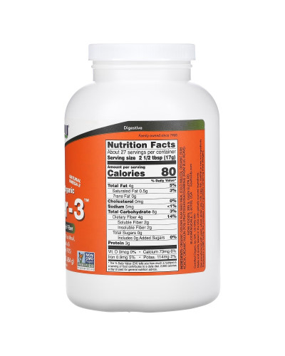 Клітковина-3, Сертифікований органічний порошок, Certified Organic, Fiber-3, Now Foods, 454 г