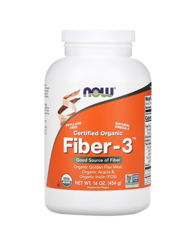 Клітковина-3, Сертифікований органічний порошок, Certified Organic, Fiber-3, Now Foods, 454 г