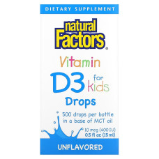 Витамин D3 в Каплях  для детей, 400 МЕ, Без Ароматизаторов, Vitamin D3 Drops, Natural Factors, 15 мл