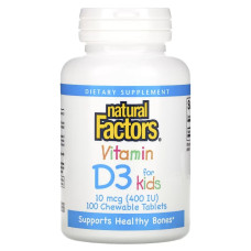 Витамин D3 для детей, 400 МЕ, вкус клубники, Vitamin D3 for Kids, Natural Factors, 100 жевательных таблеток
