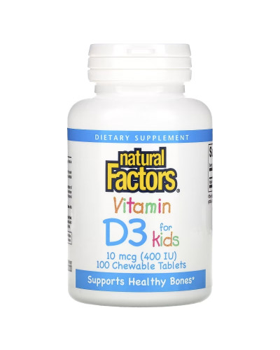 Вітамін D3 для дітей, 400 МО, смак полуниці, Vitamin D3 for Kids, Natural Factors, 100 жувальних таблеток