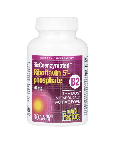 Рибофлавін 5'-фосфат, вітамін B2, 50 мг, BioCoenzymated, B2, Riboflavin 5'-Phosphate, Natural Factors, 30 вегетаріанських капсул