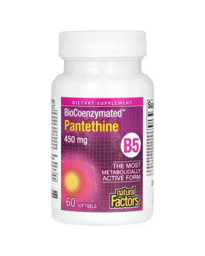 Пантетин, вітамін B5, 450 мг, BioCoenzymated, B5, Pantethine, Natural Factors, 60 гелевих капсул