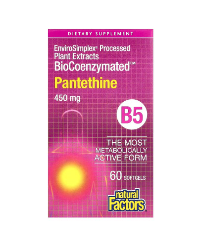 Пантетин, вітамін B5, 450 мг, BioCoenzymated, B5, Pantethine, Natural Factors, 60 гелевих капсул