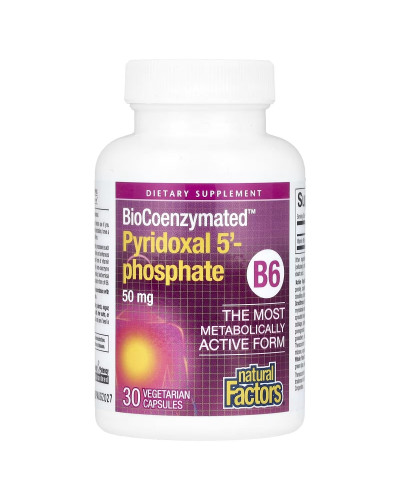 Піридоксаль 5'-фосфат, вітамін B6, 50 мг, BioCoenzymated, B6, Pyridoxal 5'-Phosphate, Natural Factors, 30 вегетаріанських капсул