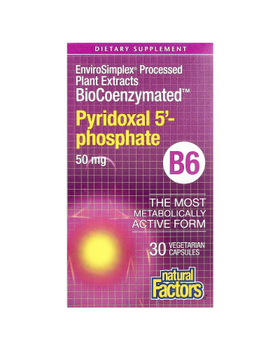 Піридоксаль 5'-фосфат, вітамін B6, 50 мг, BioCoenzymated, B6, Pyridoxal 5'-Phosphate, Natural Factors, 30 вегетаріанських капсул