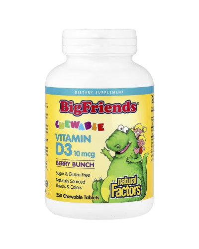 Вітамін D3 для дітей, 10 мкг (400 МО), смак ягід, Chewable Vitamin D3, Natural Factors, 250 жувальних таблеток