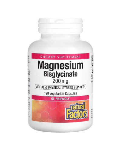 Магний Бисглицинат, 200 мг, Magnesium Bisglycinate, Natural Factors, 120 вегетарианских капсул