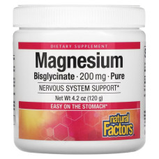 Магний Бисглицинат в порошке, 200 мг, Magnesium Bisglycinate, Pure, Natural Factors, 120 гр