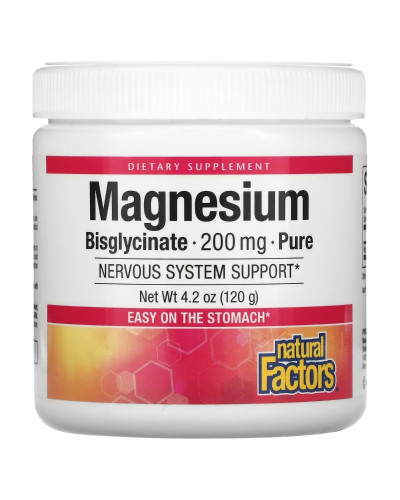 Магній Бісгліцинат у порошку, 200 мг, Magnesium Bisglycinate, Pure, Natural Factors, 120 гр