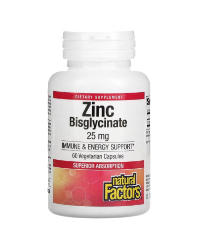Цинк бісгліцинат, 25 мг, Zinc Bisglycinate, Natural Factors, 60 вегетаріанських капсул