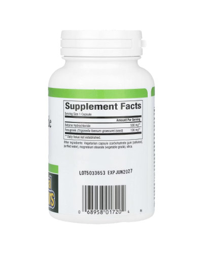Бетаїн гідрохлорид та пажитник, 500 мг, Betaine Hydrochloride with Fenugreek, Natural Factors, 90 вегетаріанських капсул
