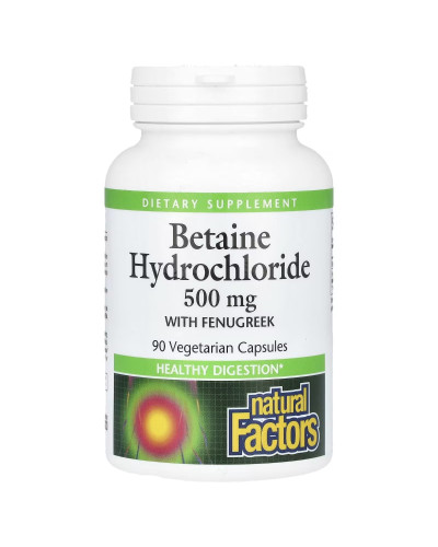 Бетаїн гідрохлорид та пажитник, 500 мг, Betaine Hydrochloride with Fenugreek, Natural Factors, 90 вегетаріанських капсул