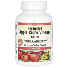 Яблочный уксус Ферментированный, 500 мг, Fermented Apple Cider Vinegar, Natural Factors, 180 капсул