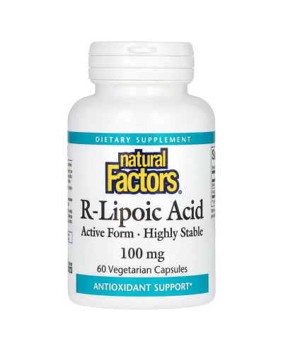 R-липоевая кислота, 100 мг, R-Lipoic Acid+, Natural Factors, 60 вегетарианских капсул