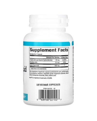 Альфа-липоевая кислота с витаминами B1 и B2, 600 мг, Alpha-Lipoic Acid with B1 & B2, Natural Factors, 60 вегетарианских капсул