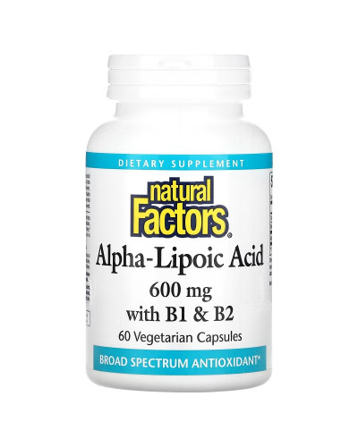 Альфа-липоевая кислота с витаминами B1 и B2, 600 мг, Alpha-Lipoic Acid with B1 & B2, Natural Factors, 60 вегетарианских капсул