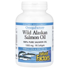 Жир дикого аляскинского лосося, 1000 мг, OmegaFactors, Wild Alaskan Salmon Oil, Natural Factors, 90 гелевых капсул