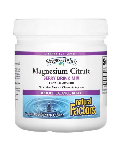 Магній цитрат у порошку, смак ягід, Stress-Relax, Magnesium Citrate, Natural Factors, 250 гр