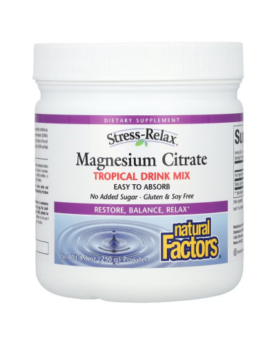 Магний цитрат в порошке, вкус тропических фруктов, Stress-Relax, Magnesium Citrate, Natural Factors, 250 гр