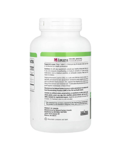 Сладкая (Лакрица), деглицирризиновый экстракт корня, DGL, Deglycyrrhizinated Licorice Root Extract, Natural Factors, 180 жевательных таблеток